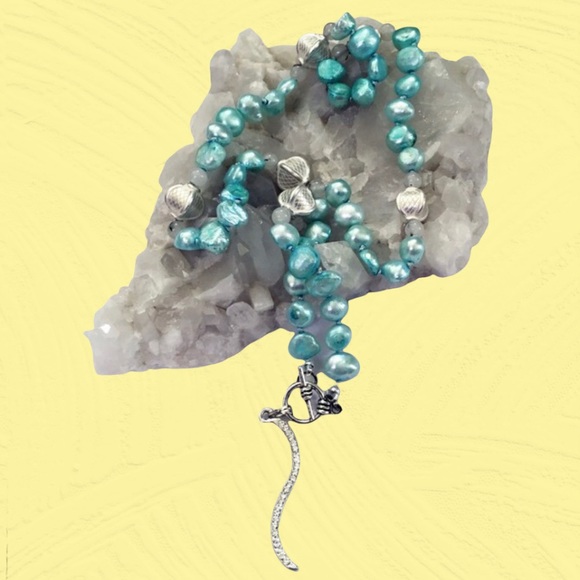 Hand Crafted Jewelry - Hand Crafted Pearl Necklace Aqua Blue Green Freshwater Tourmaline Quartz Silk